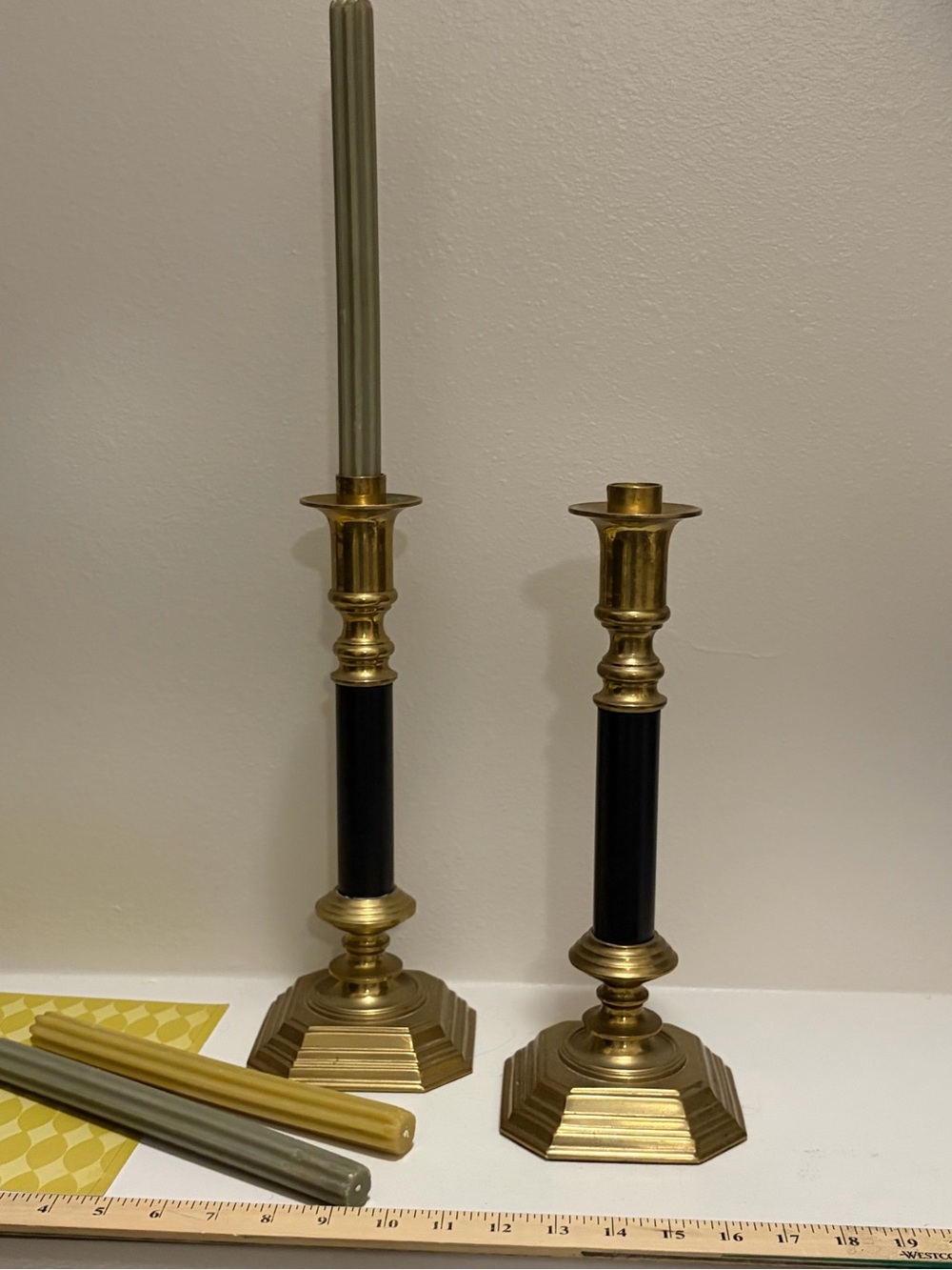 Mid Century Brass and Black Column Candlestick Pair by Frederick Cooper 13” Luxe